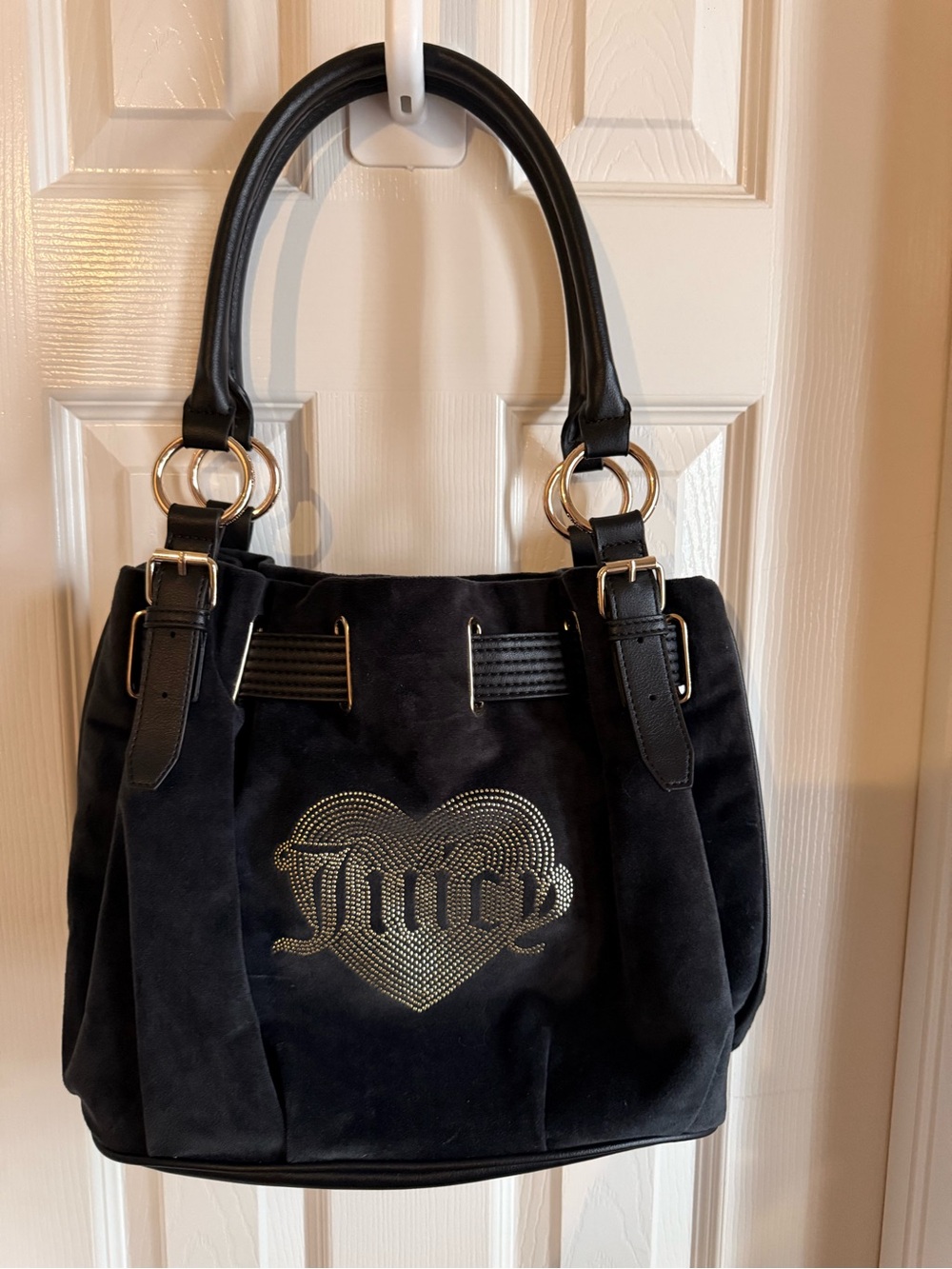 Juicy Couture Queen Couture Black Velour Rhinestone Heart Tote Bag